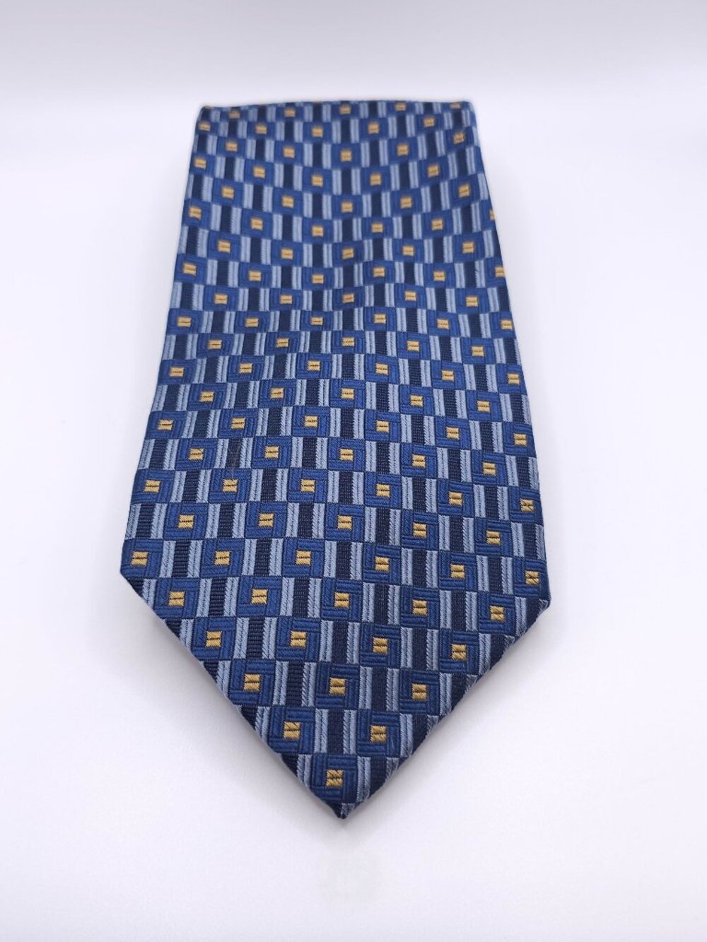 Hickey-Freeman Collection Mens Silk Tie Blue & Yellow Geometric Pattern Made In